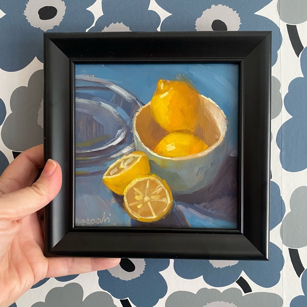 Lemon Still Life Framed Art in Black original painting Dipali Rabadiya 8”